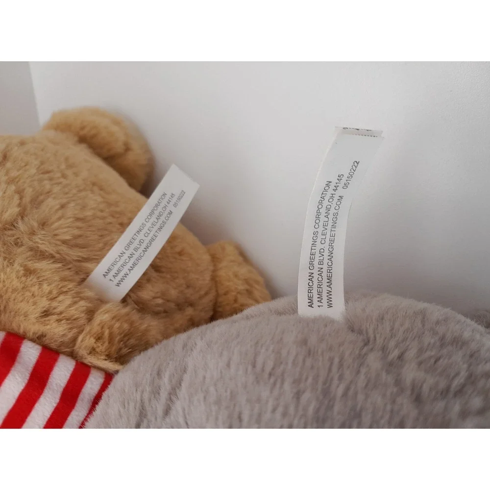 American Greetings Christmas Teddy Bear Plush Set Grey Tan Earmuffs Scarf 7in